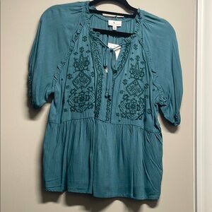 True Craft Green Blouse with Mandarin Collar and Embellished Design